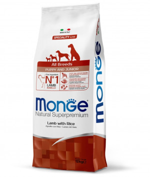 MONGE DOG PUPPY JUNIOR ALL LAMB RICE sausā barība kucēniem Jērs, rīsi 12kg